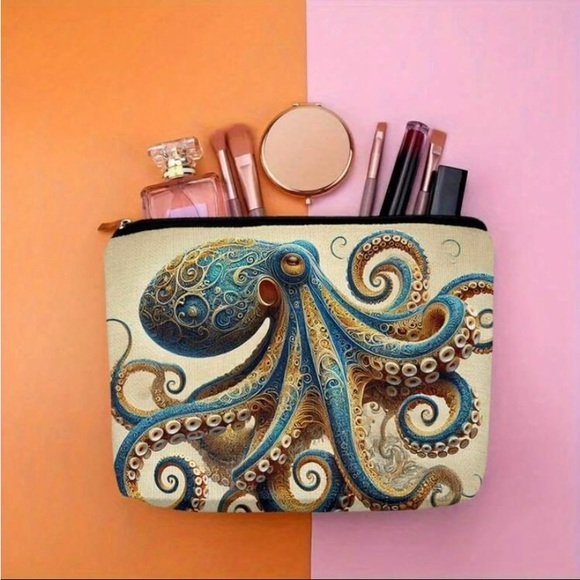 Blue Octopus Cosmetic Case Makeup Bag 9.9x6.9” Ocean Nautical Beach Zipper NWOT - Picture 1 of 4